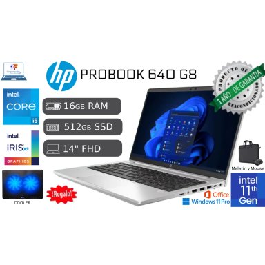 LAPTOP HP PROBOOK 640 G8 INTEL CORE I5 11VA 16GB 512GB SSD REACONDICIONADA FHD + COOLER + MALETÍN + MOUSE