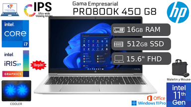 HP PROBOOK 450 G8 I7-1165G7 16GB RAM 512GB SSD IPS REACONDICIONADA 1 AÑO GARANTÍA + COOLER + MOUSE + MALETIN + CARGADOR