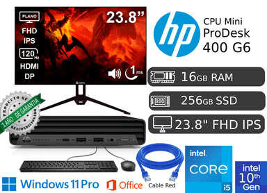CPU MINI HP 400 G6 CI5 10MA GEN 16GB RAM 256GB SSD + MONITOR LED 23.8 CON AUDIO FHD + TECLADO REACONDICIONADA 1 AÑO GARANTÍA - 1