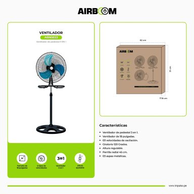VENTILADOR ICE COOL COLOR NEGRO MODELO AB1833 18' PULGADAS 3 EN 1 - 3 ASPAS CONVERTIBLE DE PEDESTAL