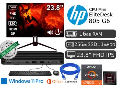 CPU MINI HP 805 G6 AMD RYZEN 7 PRO 16GB RAM 256GB SSD REACONDICIONADA 1 AÑO DE GARANTÍA + 1TB HDD + MONITOR NUEVO 23.8 - 1