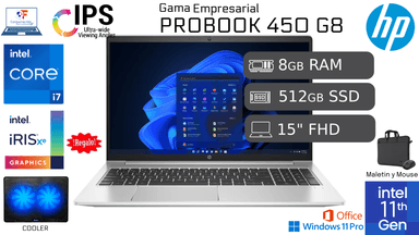 LAPTOP HP PROBOOK 450 G8 INTEL CORE I7 11VA 8GB RAM 512GBSSD + COOLER REACONDICIONADA 1 AÑO GARANTÍA - 1
