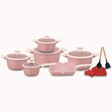 JUEGO DE OLLAS REVESTIMIENTO GRANITO 16 PIEZAS ROSADO
