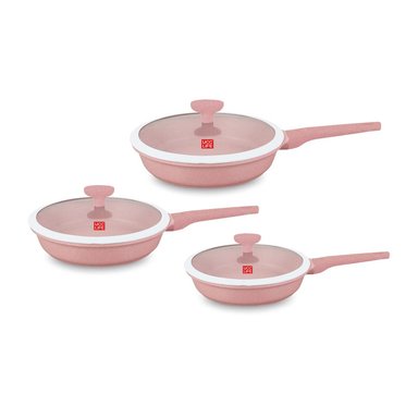 JUEGO DE SARTEN ANTIADHERENTE CON TAPA 20, 24 Y 28CM COLOR ROSA