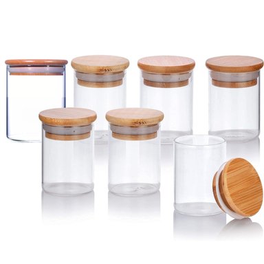 FRASCOS DE VIDRIO CON TAPAS DE BAMBÚ SET X 7