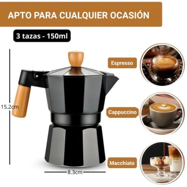 CAFETERA MOKA ITALIANA 3 TAZAS - 150ML NEGRO ELEGANTE - 6