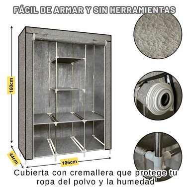 ROPERO ARMABLE DE TELA ARMARIO DE 3 CUERPOS CON 8 DIVISIONES GRIS - 3