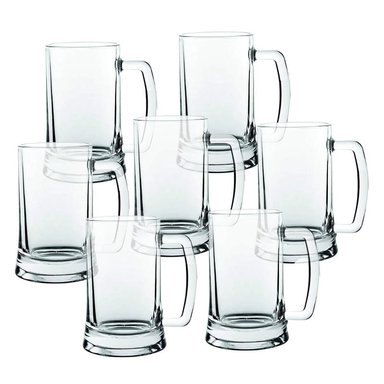 VASO CERVECERO DE VIDRIO CON ASA 490ML SET DE 6 TAZAS TRANSPARENTES