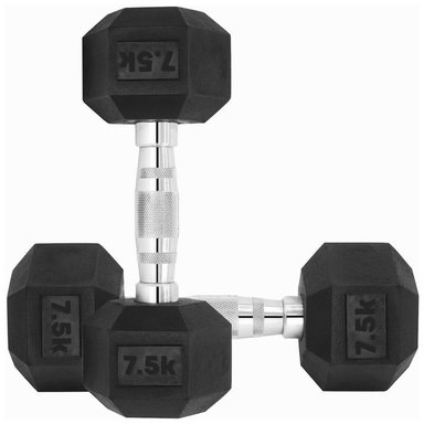 MANCUERNAS, PAR DE PESAS HEXAGONALES CROMADAS Y DE CAUCHO 7.5 KG