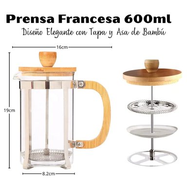 CAFETERA PRENSA FRANCESA 600ML CON TAPA DE BAMBÚ ELEGANTE - 3