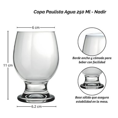 VASO COPA PARA AGUA PAULISTA 250ML DE VIDRIO, SET X12 COPAS - 3