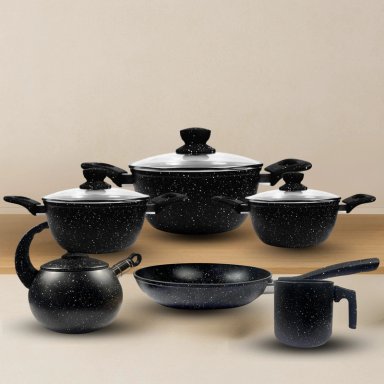JUEGO DE OLLA GRANITO VOLCÁNICO ANTIADHERENTE Y LIVIANA POR 10 PZS NEGRO