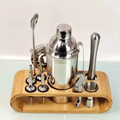 SET DE COCTELERÍA PROFESIONAL INOX 12 PZS CON BASE DE BAMBÚ