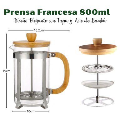 CAFETERA PRENSA FRANCESA 800ML CON TAPA DE BAMBÚ ELEGANTE - 2