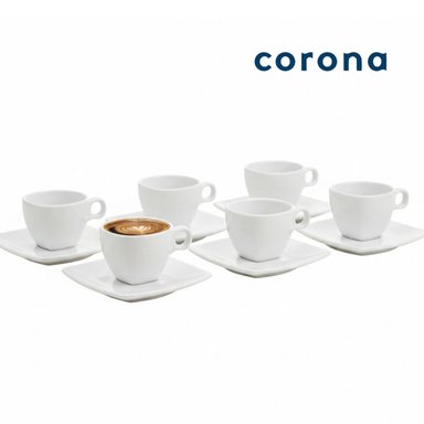 SET 6 TAZAS DE PORCELANA CORONA 101ML CON PLATO CUADRADO
