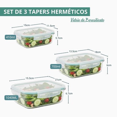 SET 3 TAPERS HERMÉTICOS DE VIDRIO CON TAPA - VERDE AGUA - 2