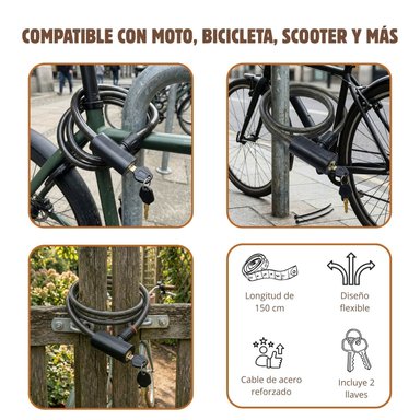 CANDADO CADENA DE MOTO, BICICLETA 150CM CON LLAVE - 2