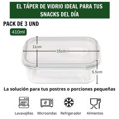 TAPER HERMÉTICO DE VIDRIO PARA SNACKS 410ML PACK 3 - 2