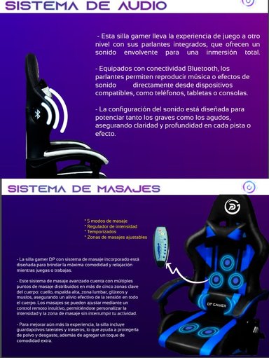 SILLA GAMER ROJO DP PRO-LB LUZ RGB BLUETOOTH MASAJEADOR NEGRO - 4