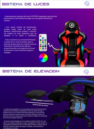 SILLA GAMER ROJO DP PRO-LB LUZ RGB BLUETOOTH MASAJEADOR NEGRO - 5