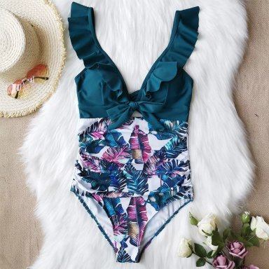 ENTERIZO DE BAÑO CUELLO V FLORAL - 1
