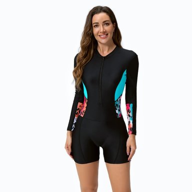 TRAJE BAÑO MUJER NEGRO MLA055 MANGA LARGA NATACION CORTE SHORT CACHETERO - 1