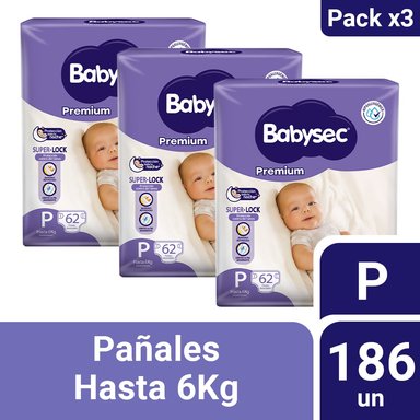 PACK 3 PAÑALES INFANTILES BABYSEC PREMIUM TALLA P 62 UN