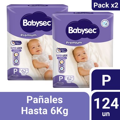 PACK 2 PAÑALES INFANTILES BABYSEC PREMIUM TALLA P 62 UN