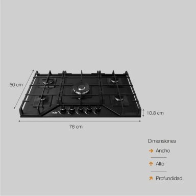 ENCIMERA SCOLLECTION VIDRIO TEMPLADO A GAS 76CM 5 HORNILLAS SOLCO060