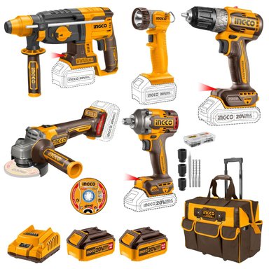 COMBO INGCO TALADRO + LLAVE IMPACTO + AMOLADORA + ROTOMARTILLO + LINTERNA