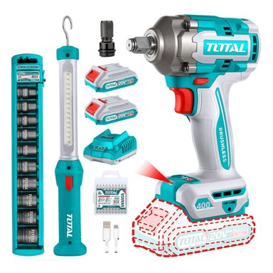 MEGA COMBO LLAVE DE IMPACTO 400N.M 20V+ DADOS IMPACTO + LÁMPARA TOTAL