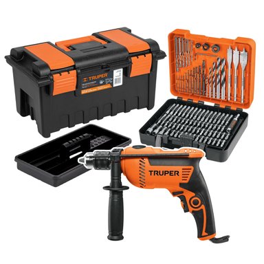 TALADRO 600W + CAJA DE HERRAMIENTAS + PUNTAS Y BROCAS 100PZAS TRUPER