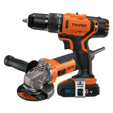 TALADRO PERCUTOR INALAMBRICO 20V + AMOLADORA PROFESIONAL 850W TRUPER