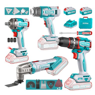 TALADRO PERCUTOR 66NM + LLAVE DE IMPACTO + PISTOLA DE CALOR + HERRAMIENTA MULTIFUNCIÓN TOTAL