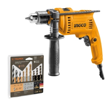 TALADRO PERCUTOR INGCO 680W + BROCAS MADERA, CONCRETO, METAL TRUPER - 1
