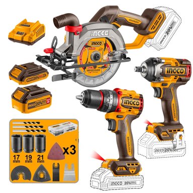 TALADRO PERCUTOR 66NM + LLAVE DE IMPACTO 500NM + SIERRA Y MULTI HERRAMIENTA INGCO