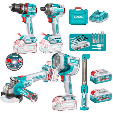 COMBO 5 EN 1 TALADRO 66NM + ATORNILLADOR DE IMPACTO 285NM + AMOLADORA + 2 LINTERNAS 20V TOTAL