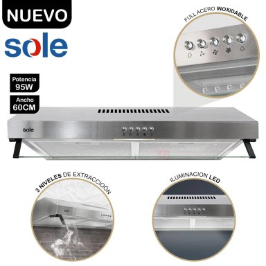 CAMPANA SOLE 60CM EXTRACTORA ROMA TURE15C0V2 ACERO INOXIDABLE