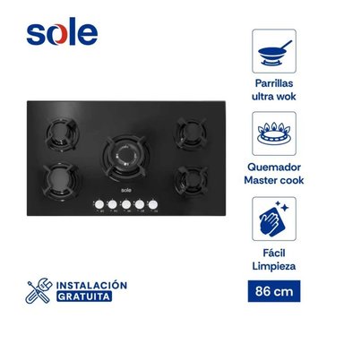 COCINA EMPOTRABLE A GAS GLP SOLE 5 HORNILLAS NEGRO 86CM SOLCO033