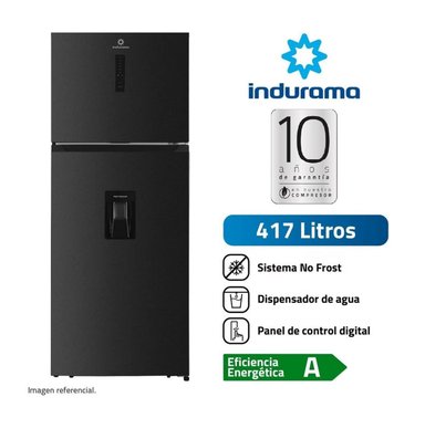 REFRIGERADORA 417 LTS TOP FREEZER CON DISPENSADOR AGUA INDURAMA RI-478DN NEGRO