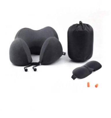 KIT COJÍN CUELLO ALMOHADA VIAJE ESPUMA VISCOELÁSTICA TAPAOIDOS  ANTIFAZ COLOR PLOMO