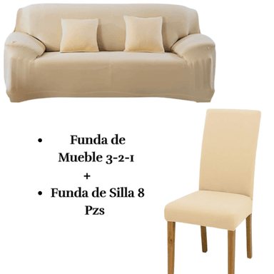 PACK FUNDA MUEBLE SALA FABULOSA 3 2 1 CON 8 FUNDAS SILLA LYCRA CREMA