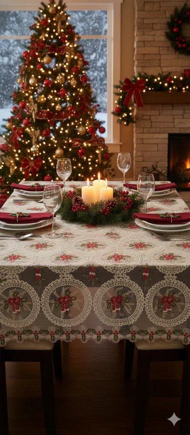 MANTEL  NAVIDEÑO SATINADO COLOR CREMA