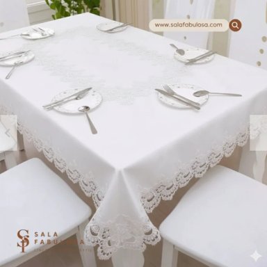 MANTEL BORDADO CON CAMINO/ BLANCO