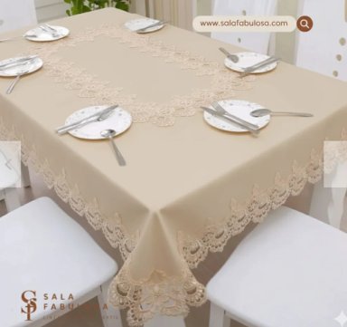 MANTEL BORDADO CON CAMINO / BEIGE