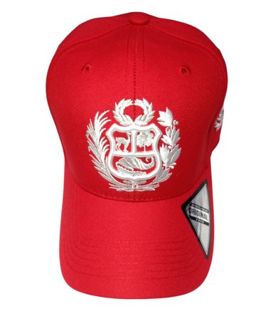 GORRA VISERA CURVO ROJO CON BORDADO DE ESCUDO PERUANO CORREA AJUSTABLE