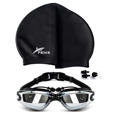 SET LENTES NATACIÓN FEIKE NEGRO HD PROTECCIÓN UV + GORRO SILICONA