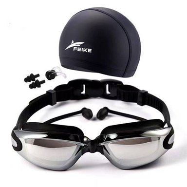 SET LENTES NATACIÓN FEIKE NEGROS HD PROTECCIÓN UV + GORRO