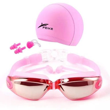 SET LENTES NATACIÓN FEIKE ROSADOS HD PROTECCIÓN UV + GORRO