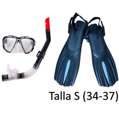 SET MÁSCARA Y SNORKEL CON ALETAS TPR TALLA S NEGRO